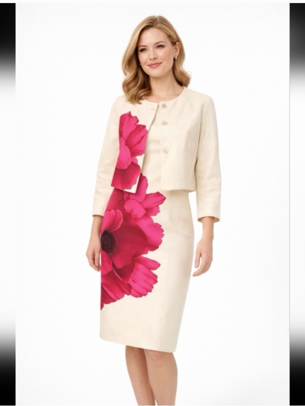 🧥Size M/L Talbots Cream Cropped Jacket with Bright Pink Floral Panel Jacket Only